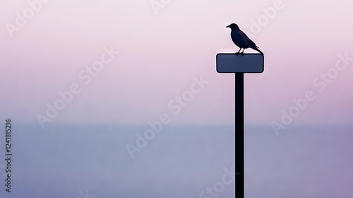   Bird atop signpost in front of blue-purple sky with ocean in the distance