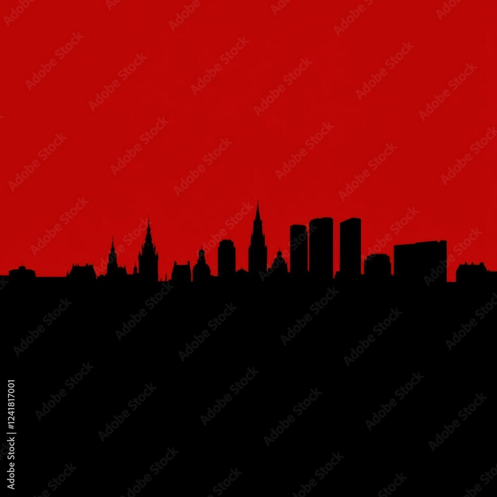 Fototapeta premium Silhouette of urban skyline with warehouses in the foreground warehouse urban logistics hubs silhouetted skyline cityscape architecture illustration building city vector
