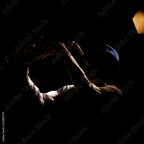 Obraz na płótnie Musician silhouette on black background w salonie