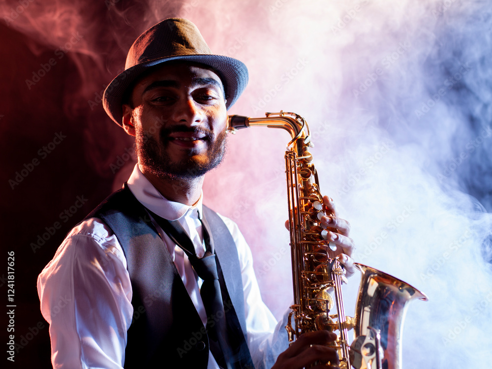 Smiling saxophonist with hat and smoke on background