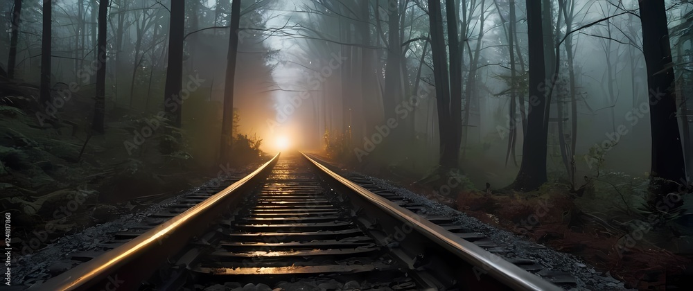 Naklejka premium Mesmerizing close up of rusty train tracks disappearing into misty mysterious woods