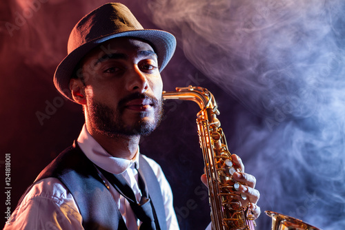 Portrait of saxophonist with hat