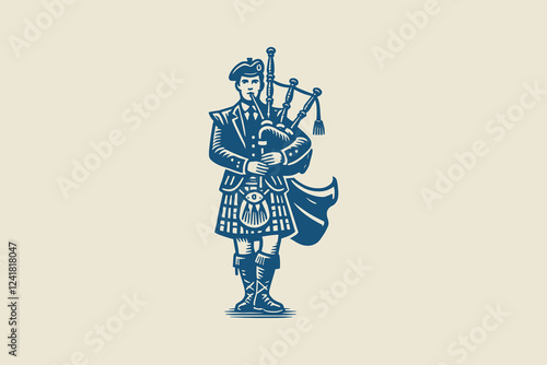 Vintage blue icon of Scotsman in kilt with bagpipe, vector emblem