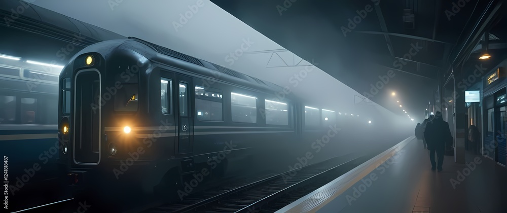 Fototapeta premium Misty train stations encased in fog creating a mysterious atmosphere for wanderers
