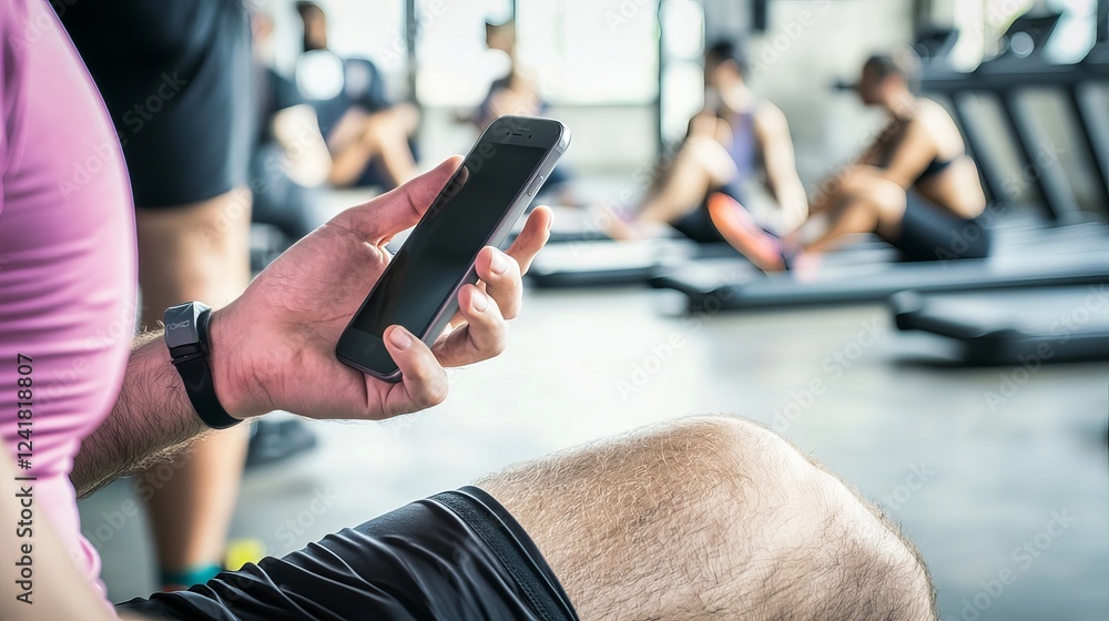 A male athlete in workout gear checks his phone while resting in a gym, surrounded by others engaged in exercise.