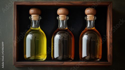 Wallpaper Mural Three Exquisite Bottles of Oils in a Wooden Frame - A Culinary Masterpiece Torontodigital.ca