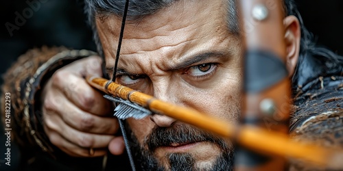 Medieval archer drawing longbow in dramatic light forest setting portrait action shot dynamic composition photo