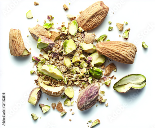 crushed pistachio pieces isolated on a white background, photo