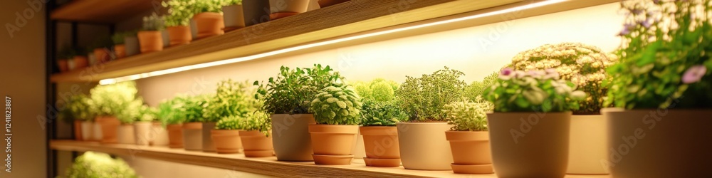 Fototapeta premium Indoor plants arranged on a wooden shelf