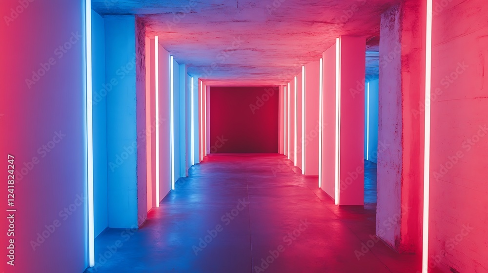 Neon hallway, red blue lights, concrete walls Neon hallway, red blue lights, concrete walls