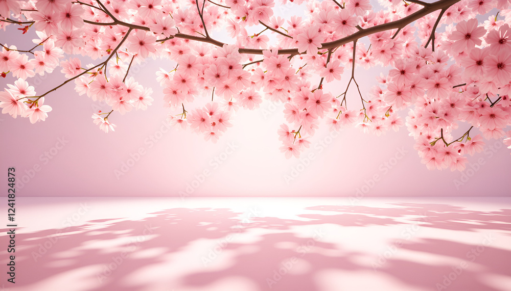 Fototapeta premium Cherry blossom branch with pink flowers against soft background, Cherry Blossom Canopy, New Blooms 