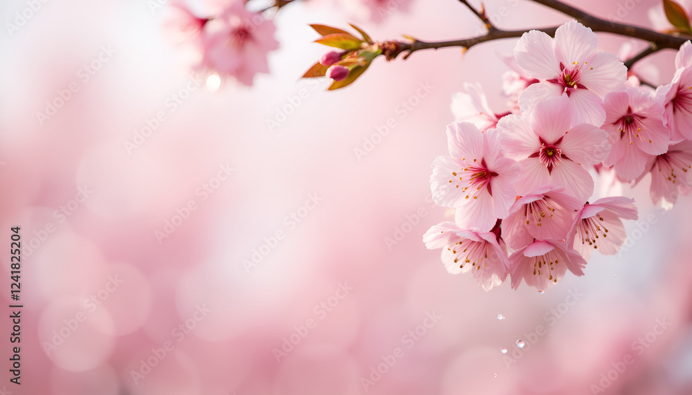 Naklejka premium Cherry blossoms in bloom against a soft pink background, Cherry Blossom Canopy, New Blooms 