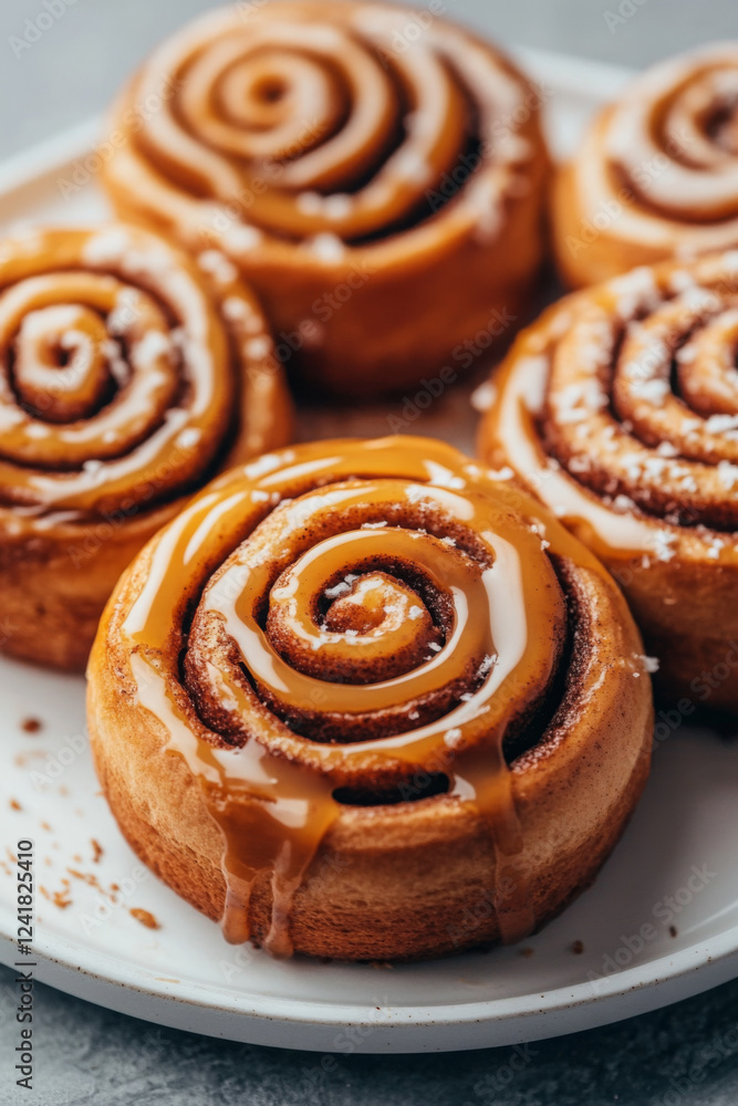 Plate of cinnamon rolls with a caramel glaze Plate of cinnamon rolls with a caramel glaze