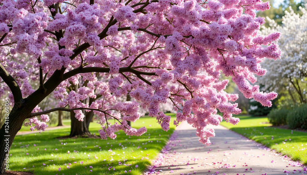 Naklejka premium Blossoming cherry tree with pink flowers in serene park setting, Lilac Branches, New Blooms