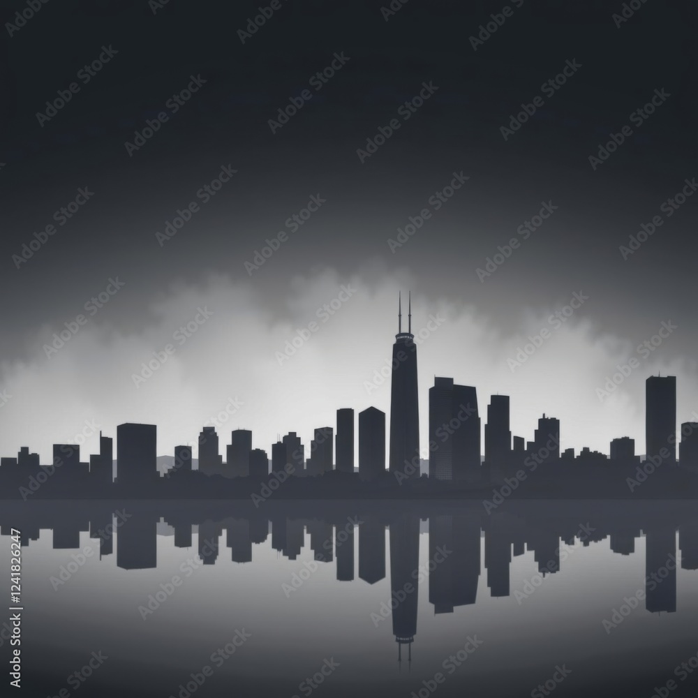 Naklejka premium Dramatic silhouette of cityscape with fiery sunset sky silhouetted skyline cityscape architecture illustration building city vector