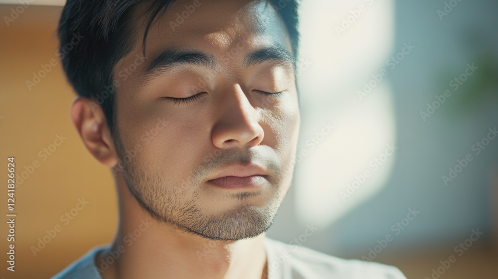 Close-up portrait of a person with their eyes shut, focusing on the facial expression Close-up portrait of a person with their eyes shut, focusing on the facial expression