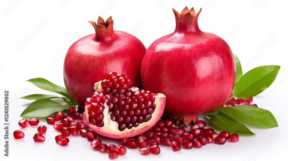 Fresh ripe pomegranate with green leaves isolated on white background. Fresh ripe pomegranate with green leaves isolated on white background.