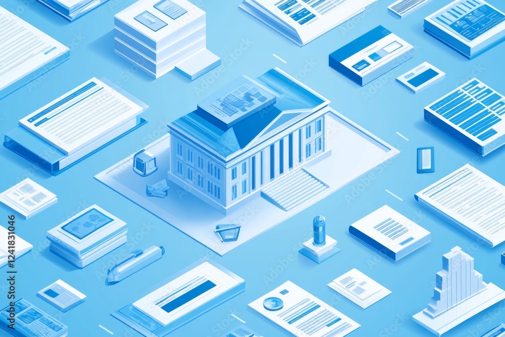 Isometric Illustration of a Modern Building with Documents and Reports Isometric Illustration of a Modern Building with Documents and Reports