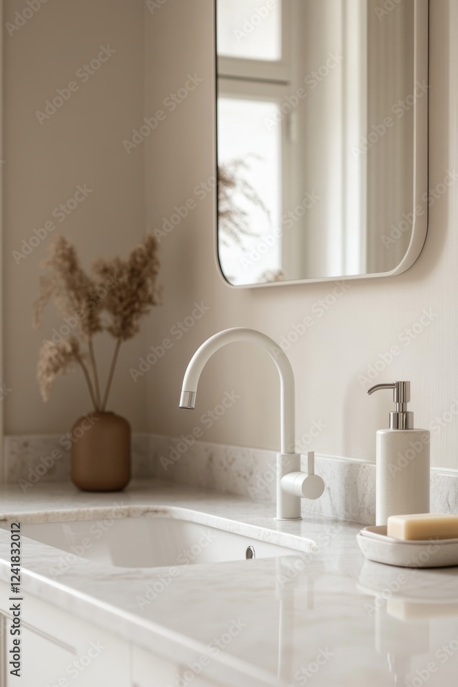 Fototapeta premium Modern white faucet on marble countertop with soft lighting and minimalist decor in a contemporary bathroom setting
