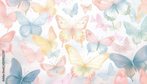 Cute butterflies hand drawn seamless pattern. Delicate colorful butterflies on white background. Beautiful pastel creatures wallpaper design.