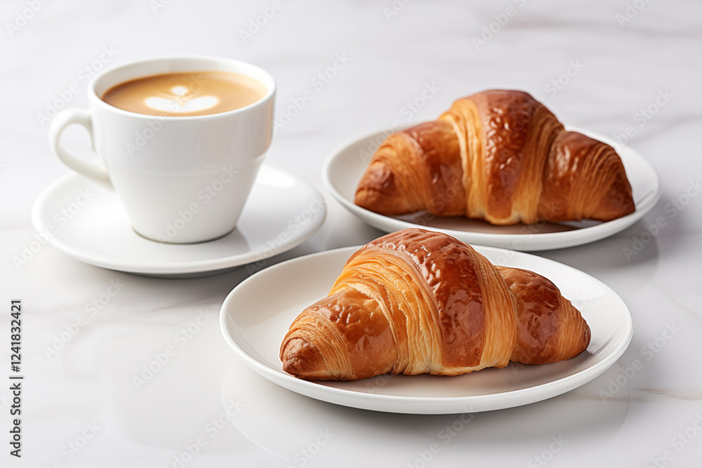 Fresh croissant isolated on white background. Coffee cup Fresh croissant isolated on white background. Coffee cup
