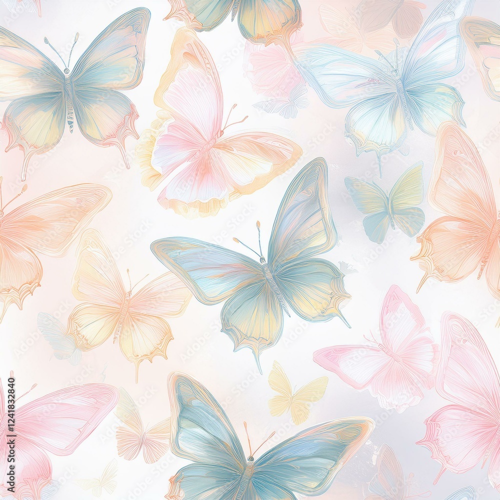 Fototapeta premium Cute butterflies hand drawn seamless pattern. Delicate colorful butterflies on white background. Beautiful pastel creatures wallpaper design.