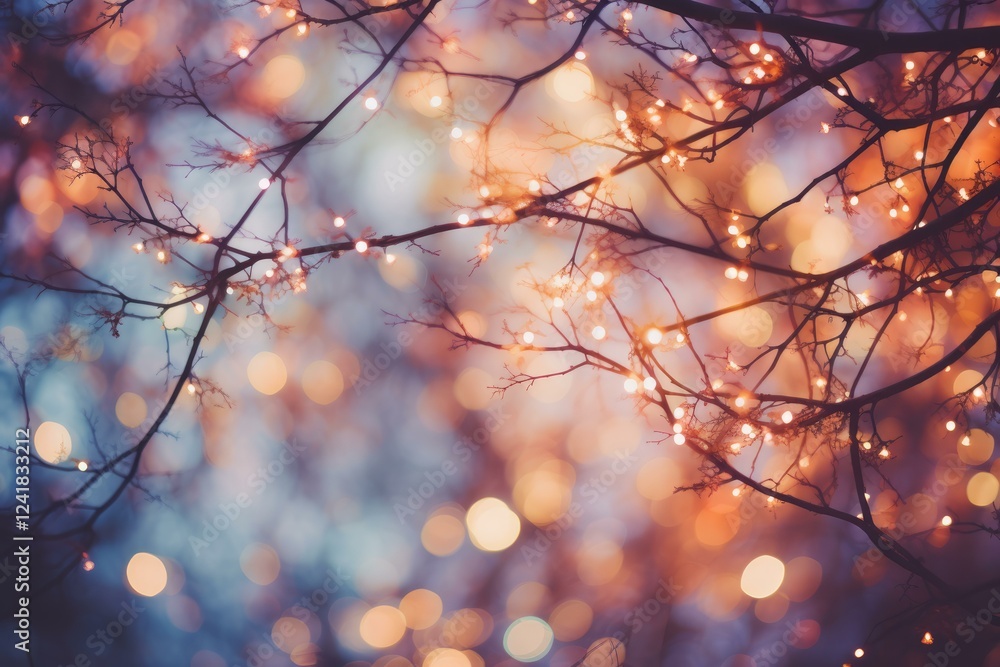 Glowing string lights decorating bare tree branches creating a magical bokeh effect, perfect for winter holidays Glowing string lights decorating bare tree branches creating a magical bokeh effect, perfect for winter holidays