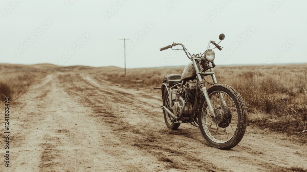 Obraz premium Vintage motorcycle on dusty road, open field background; travel poster