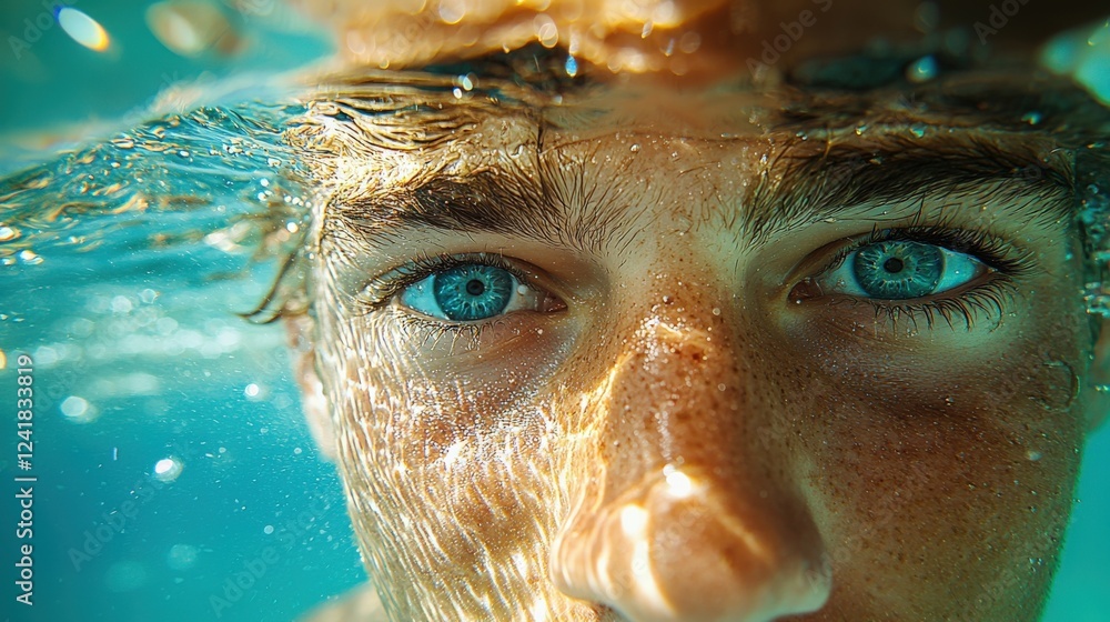 Fototapeta premium Close-Up of Young Man Underwater with Stunning Blue Eyes