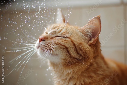 An orange tabby cat with closed eyes enjoys refreshing water droplets spraying in the air, captured in a bright and intimate close-up with a soft indoor background. photo