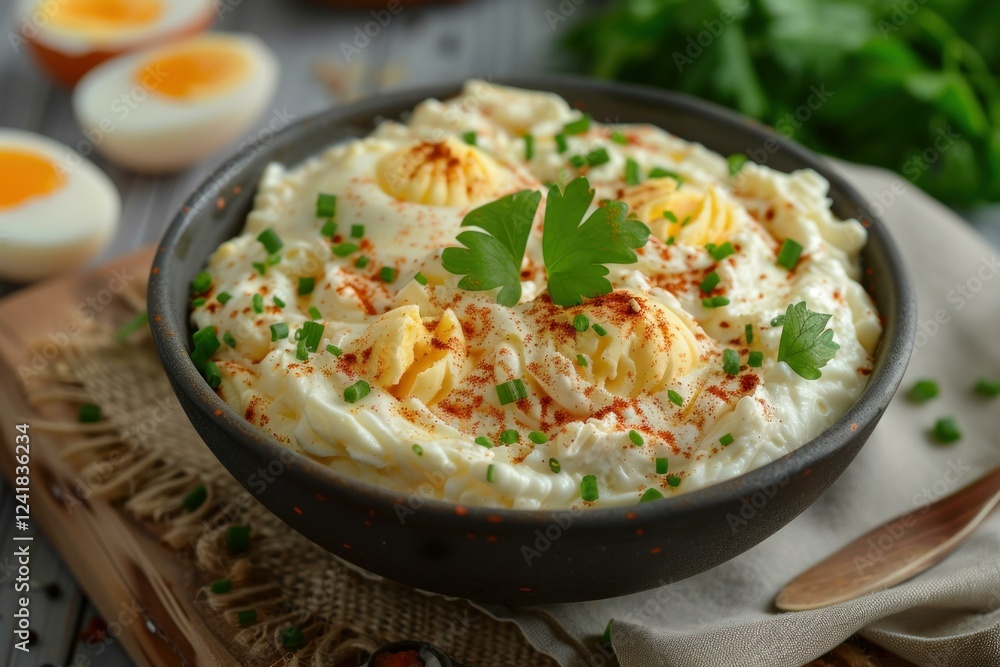 Creamy egg salad sprinkled with paprika and chives, garnished with fresh parsley, served in a rustic bowl Creamy egg salad sprinkled with paprika and chives, garnished with fresh parsley, served in a rustic bowl