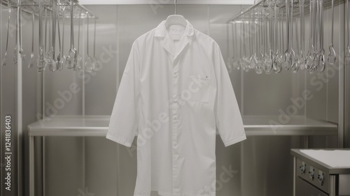 Clean white lab coat hangs in sterile room photo