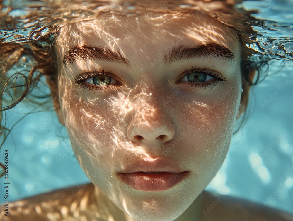 Fototapeta premium Serene Portrait of a Young Woman Underwater with Sunlight Reflections