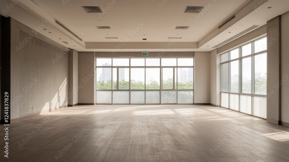 Empty modern office space with city view, sunlight Empty modern office space with city view, sunlight
