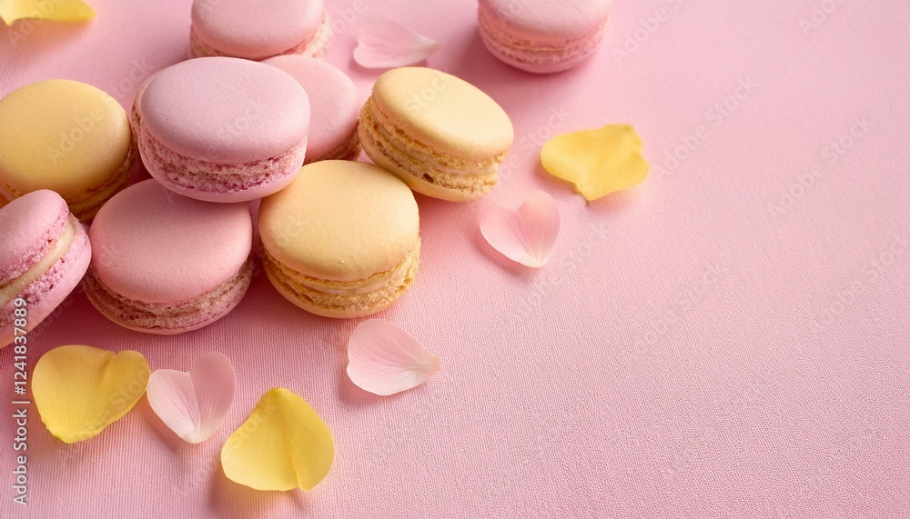 Sweet pastel macarons with delicate rose petals on a pink background. Sweet pastel macarons with delicate rose petals on a pink background.