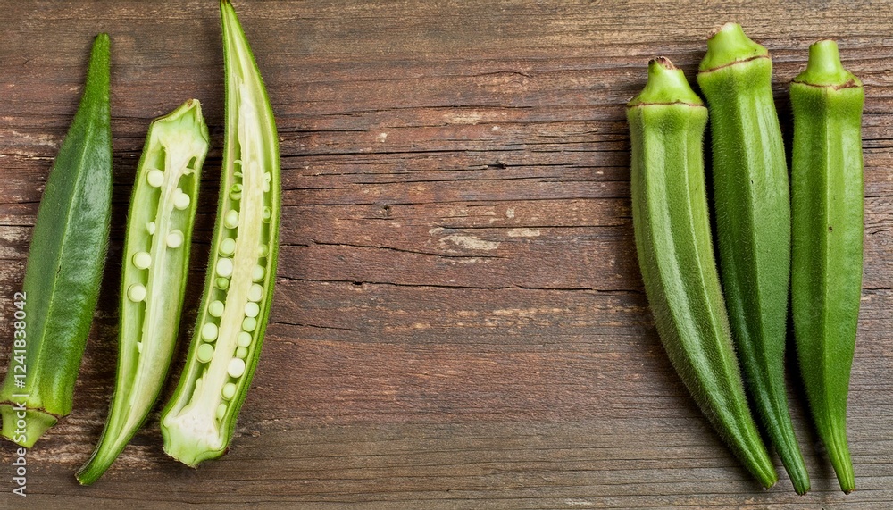 Fresh okra pods, some sliced open, displayed on a rustic wooden surface. Vibrant green against dark brown wood. Fresh okra pods, some sliced open, displayed on a rustic wooden surface. Vibrant green against dark brown wood.