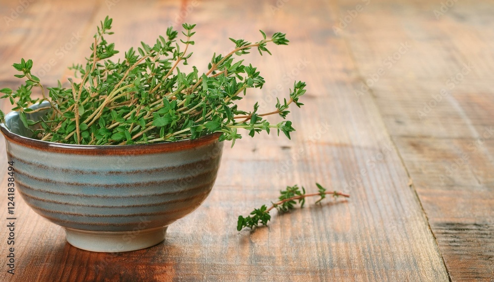 Fresh thyme sprigs in a rustic bowl. Fresh thyme sprigs in a rustic bowl.