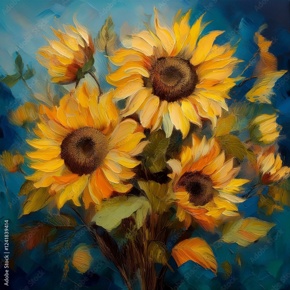 Sonnenblumen, blauer Hintergrund Sonnenblumen, blauer Hintergrund
