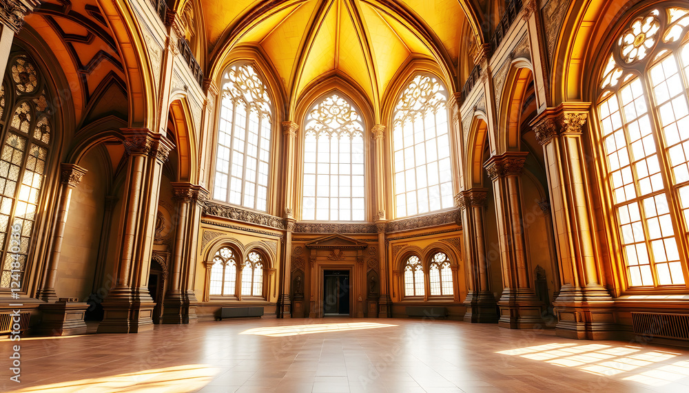 Fototapeta premium Grand cathedral interior with high ceilings, stained glass windows, and ornate architectural details, historic religious building