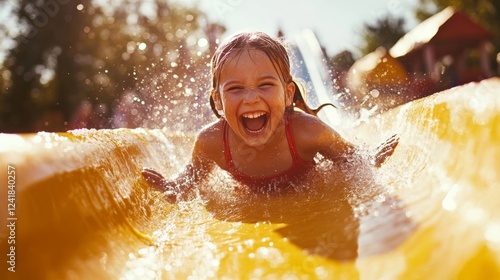 Fototapeta Naklejka Na Ścianę i Meble -  A child happily slides down a vibrant water slide, splashing into the clear blue water at an outdoor water park on a sunny day filled with excitement and joy
