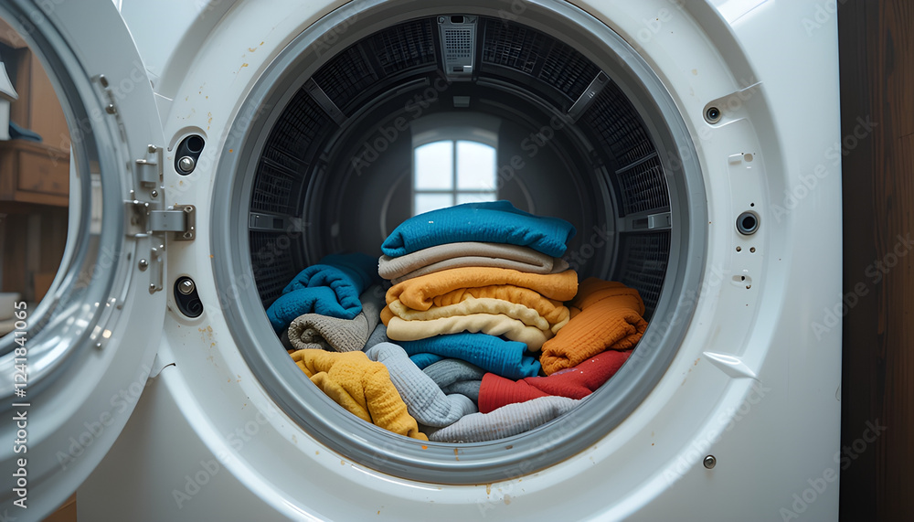View from inside a washing machine with laundry. Household appliance, washer, dryer, detergent, clothing, home, bathroom, housework, hygiene, routine, metal drum, and fabric care. View from inside a washing machine with laundry. Household appliance, washer, dryer, detergent, clothing, home, bathroom, housework, hygiene, routine, metal drum, and fabric care.