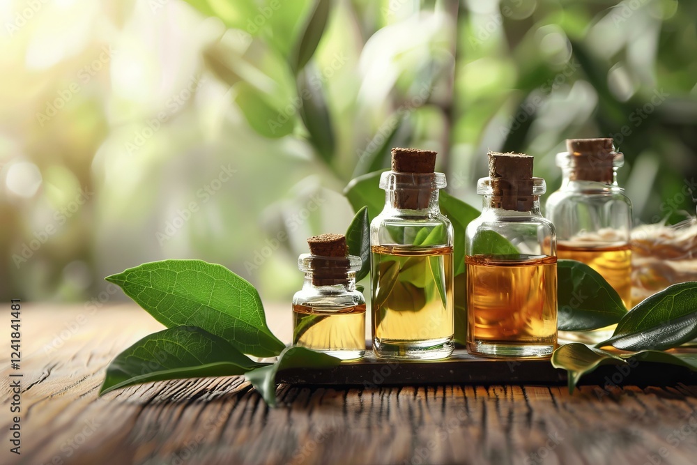 Small glass bottles containing essential oil sit on a wooden surface, accompanied by vibrant green leaves, creating a natural and tranquil scene Small glass bottles containing essential oil sit on a wooden surface, accompanied by vibrant green leaves, creating a natural and tranquil scene