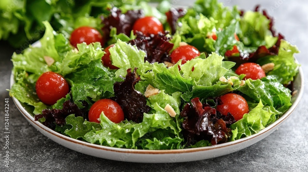 Fresh Mixed Green Salad with Cherry Tomatoes and Nuts on Grey Background Fresh Mixed Green Salad with Cherry Tomatoes and Nuts on Grey Background