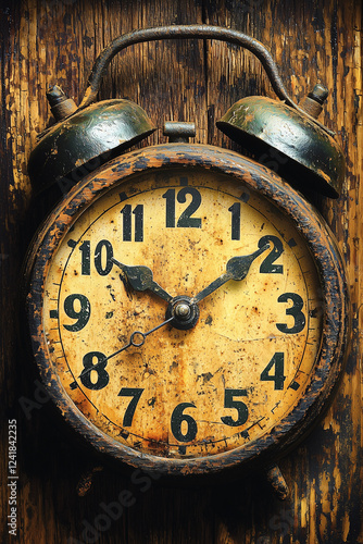 Wallpaper Mural A rustic, weathered alarm clock with a worn face and hands, set against a wooden background. Torontodigital.ca