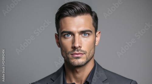 Portrait of Man with Blue Eyes and Dark Hair in Gray Suit Jacket