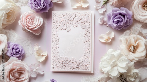 Elegant laser-cut wedding invitation surrounded by pastel flowers on pink background