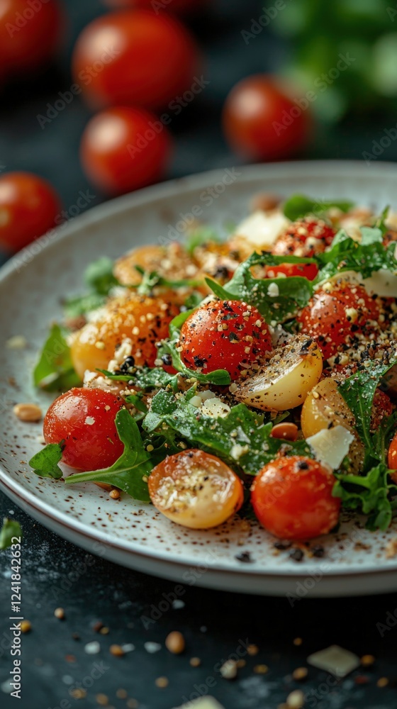 Fresh Cherry Tomato Salad with Greens and Pine Nuts on Plate Fresh Cherry Tomato Salad with Greens and Pine Nuts on Plate