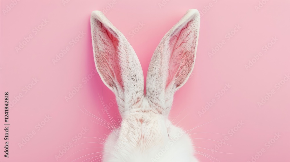 A pair of fluffy white rabbit ears peek out against a pink background, creating a playful Easter theme. The concept of Easter bunny ears. A pair of fluffy white rabbit ears peek out against a pink background, creating a playful Easter theme. The concept of Easter bunny ears.