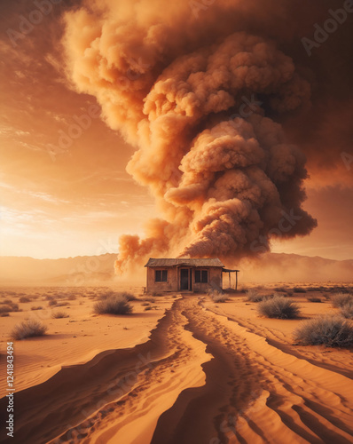 A massive sandstorm engulfs a lonely desert cabin, with swirling dust creating an apocalyptic atmosphere. The intense light and shadow add to the dramatic tension. Generative AI photo