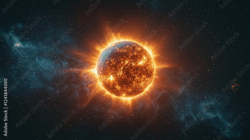 Obraz premium Fiery star explodes in cosmic nebula; space art